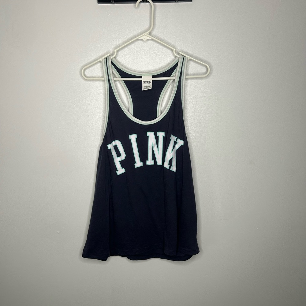 Victoria’s Secret PINK Racerback Tank Blue with White Writing Size Large